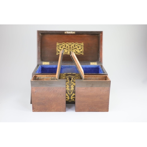 40 - An early 19th century brass inlaid rosewood tea caddy in the boulle manner,of sarcophagus form, the ... 