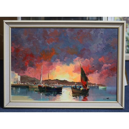 423 - § Cecil Rochfort D'Oyly John (1906-1993)Fishing boats in harbour at sunsetoil on canvassigned44.5 x ... 