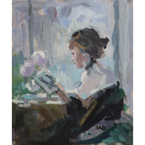 445 - § Sherree Valentine Daines (1959-)Interior with woman readingoil on boardinitialled22 x 18.5 cm.... 