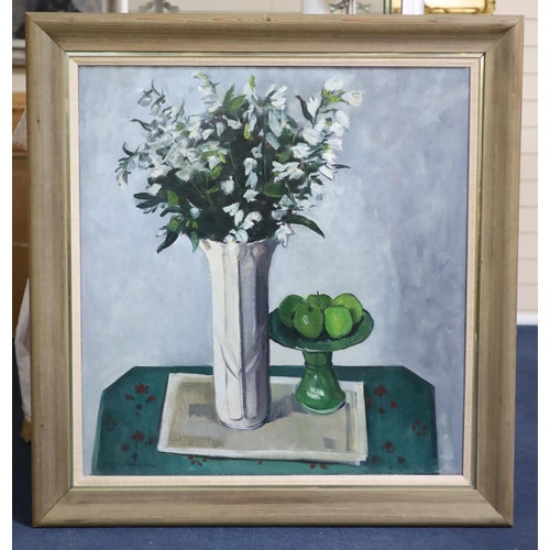 455 - § Marysia Donaldson Scottish, fl.1961-1989)Still life with flowers in a vase and a bowl of fruitoil ... 