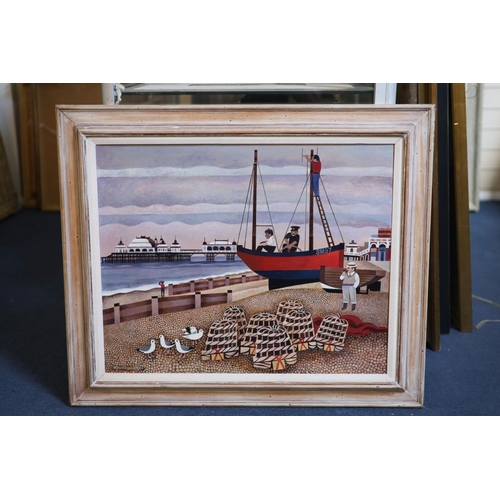 460 - § Alfred Daniels (1924-2015)Brighton seafront with fishermen and the WEST pierAcrylic on boardsigned... 