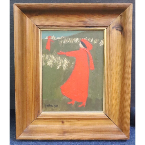 467 - § Mary Fedden (1915-2012)'Ladies in Red'oil on boardsigned and dated 198520 x 15cm... 