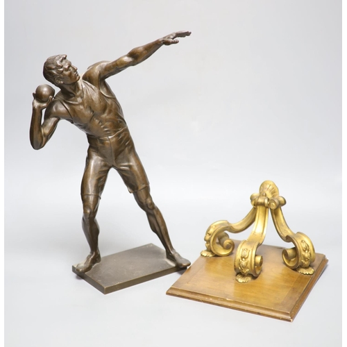 52 - After Robert Cauer (1863-1947) a bronze figure of a shot-putter, c.1925,height 40cm, together with a... 