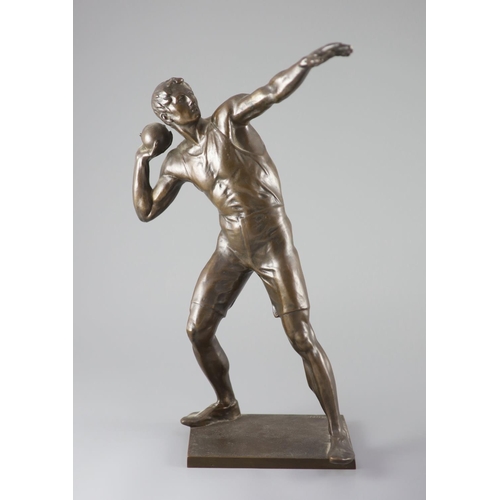 52 - After Robert Cauer (1863-1947) a bronze figure of a shot-putter, c.1925,height 40cm, together with a... 