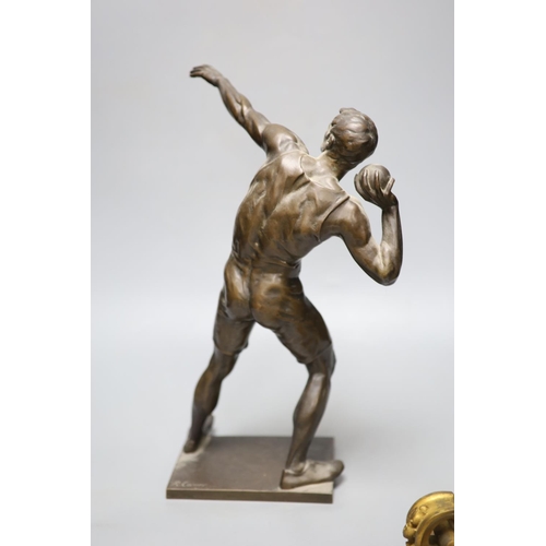 52 - After Robert Cauer (1863-1947) a bronze figure of a shot-putter, c.1925,height 40cm, together with a... 