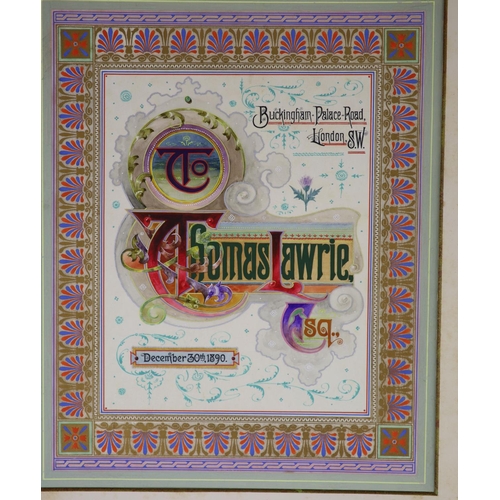 6 - A fine Victorian illuminated calligraphic presentation ledger,awarded to Mr Thomas Lawrie of Gorring... 