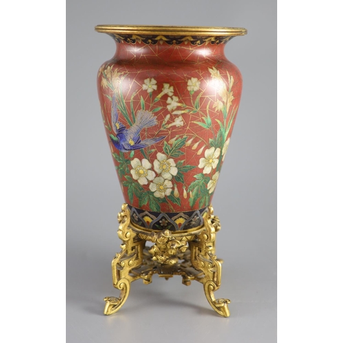 61 - An Elkington & Co. Japonaise ormolu mounted 'cloisonne' enamel vase, c.1874,decorated with birds ami... 