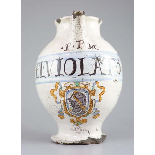 70 - An Italian maiolica wet drug jar, Savona, late 17th century,polychrome painted and inscribed P.P.M.... 