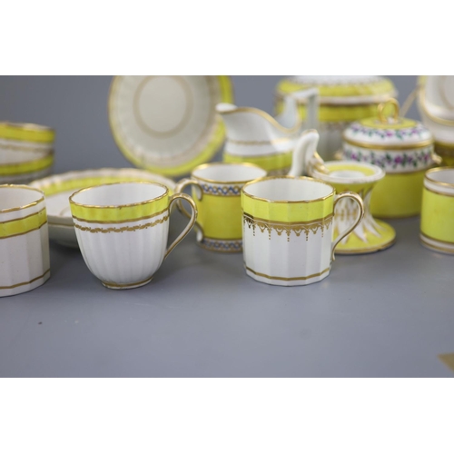 75 - A group of Derby yellow ground tea and coffee wares and a chamberstick, c.1790-1800,the sucrier and ... 