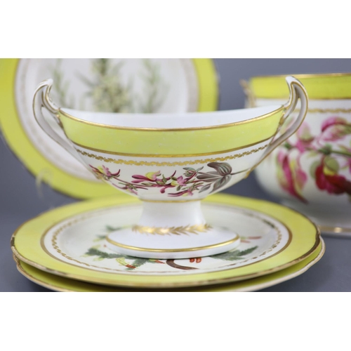 76 - A group of Derby yellow ground botanical dessert and dinner wares, c.1790-1810,each piece painted wi... 