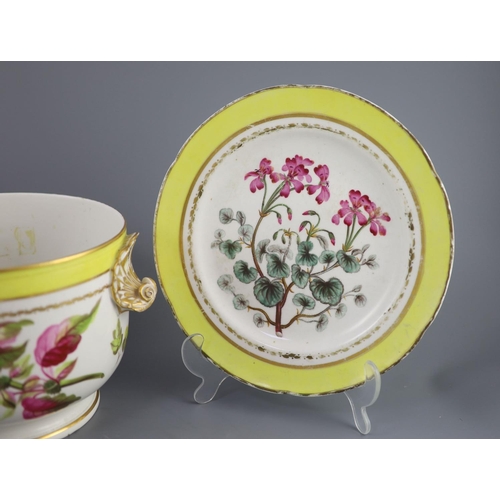 76 - A group of Derby yellow ground botanical dessert and dinner wares, c.1790-1810,each piece painted wi... 