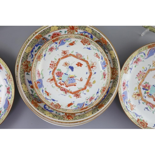 95 - A Chinese famille rose porcelain part dinner service, Qianlong period,each piece painted with antiqu... 