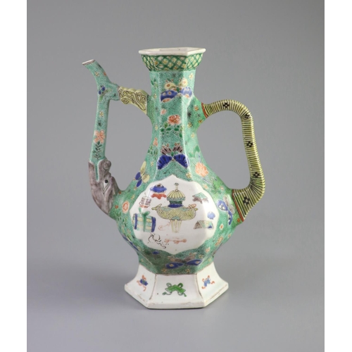 96 - A Chinese famille verte hexagonal wine ewer, Kangxi period (1662-1722),painted to each side with 'An... 