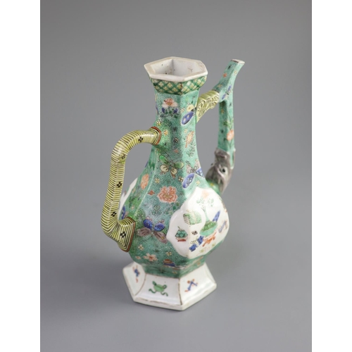 96 - A Chinese famille verte hexagonal wine ewer, Kangxi period (1662-1722),painted to each side with 'An... 