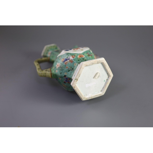 96 - A Chinese famille verte hexagonal wine ewer, Kangxi period (1662-1722),painted to each side with 'An... 