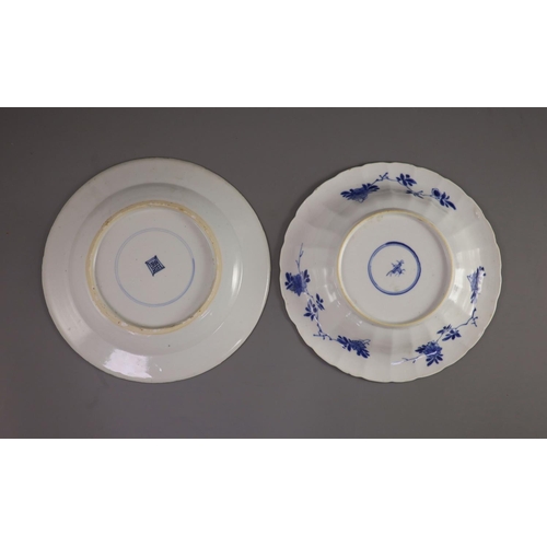 99 - A Chinese blue and white dish and a rouge de fer plate, both Kangxi period,the dish painted with egr... 