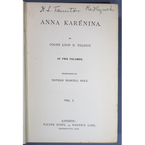 132 - °  Tolstoy, Leo - Anna Karenina, 2 vols, 8vo, original blue cloth gilt, split to rear joint vol. 1, ... 