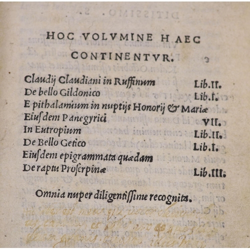 174 - °  Claudian (Opera). Hoc Volumine hae Continentur ... In Ruffinum ... De Bello Gildonico (etc.)Omnia... 