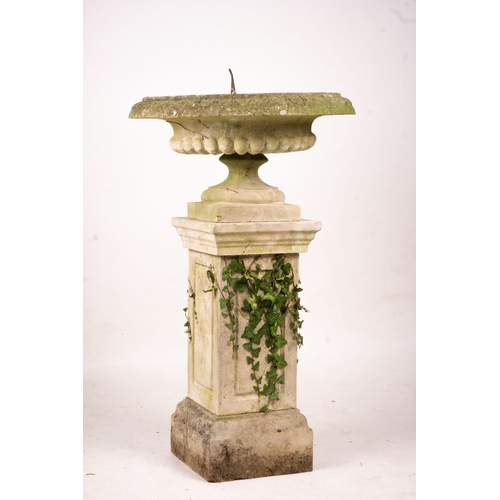 1066 - A reconstituted stone garden bird bath combined sundial on square pedestal base, height 108cm... 