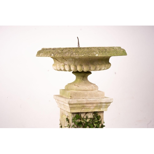 1066 - A reconstituted stone garden bird bath combined sundial on square pedestal base, height 108cm... 