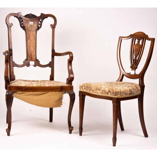 1068 - An Edwardian marquetry inlaid elbow chair (AF) and a side chair