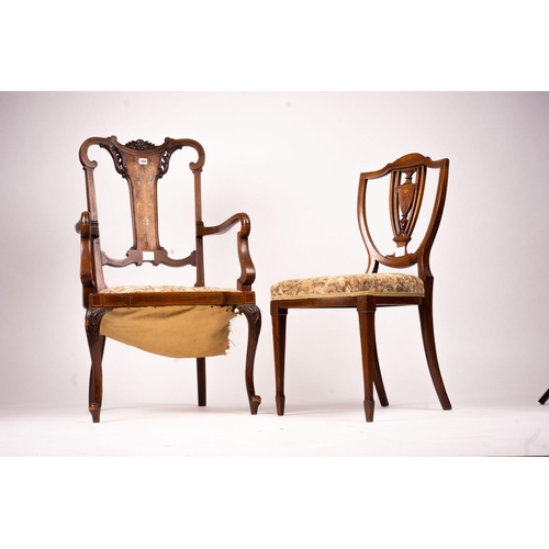 1068 - An Edwardian marquetry inlaid elbow chair (AF) and a side chair