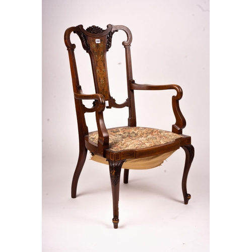 1068 - An Edwardian marquetry inlaid elbow chair (AF) and a side chair