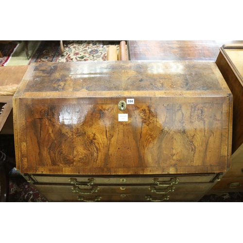 104 - A George II figured walnut bureau, width 99cm, depth 53cm, height 98cm