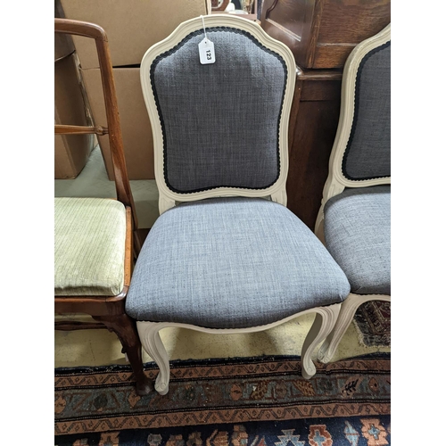 108 - A pair of grey upholstered dining chairs