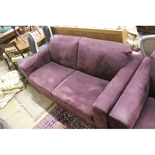 110 - A pair of contemporary mauve fabric two seater settees, length 174cm, depth 94cm, height 80cm... 