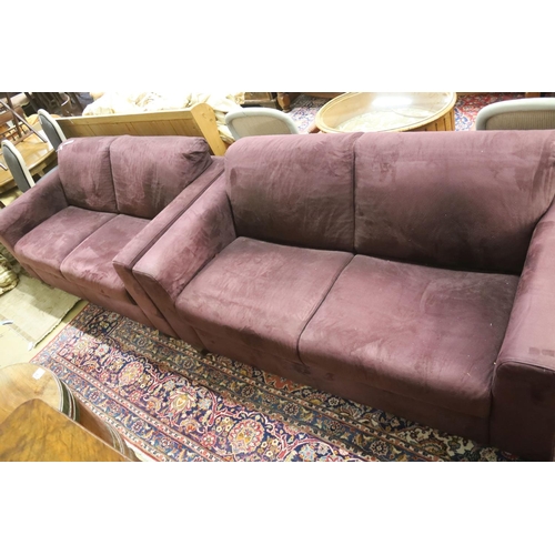 110 - A pair of contemporary mauve fabric two seater settees, length 174cm, depth 94cm, height 80cm... 