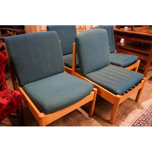 116 - A set of four Ercol pale beech lounge chairs with cushion seats and backs, width 60cm, depth 66cm, h... 