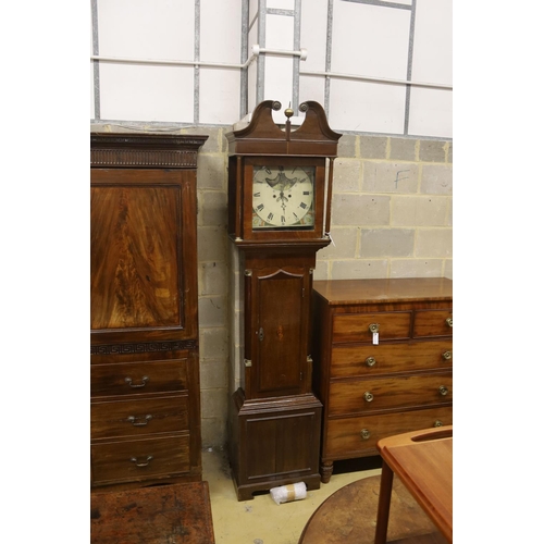 130 - An early 19th century mahogany banded oak cased eight day longcase clock, height 227cm