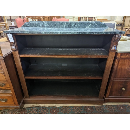 14 - A Victorian rosewood dwarf open bookcase (replacement marble), width 110cm, depth 40cm, height 106cm... 