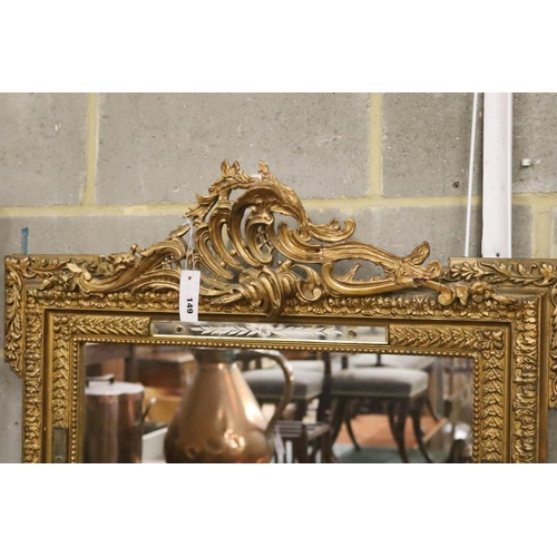 149 - A late 19th century French giltwood and gesso mirror with etched marginal plates, width 82cm, height... 