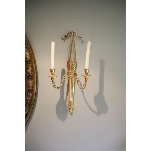 162 - A set of four Georgian style giltwood and gesso twin branch wall lights modelled as quivers, with fr... 