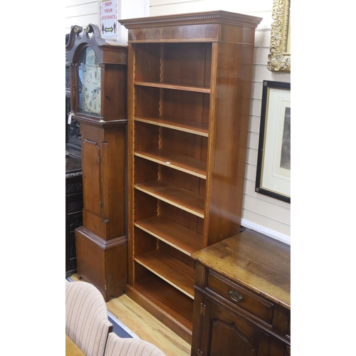 168 - A reproduction satinwood banded yew open bookcase, length 92cm, depth 36cm, height 210cm... 