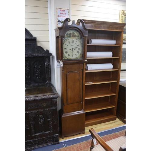 169 - An early 19th century 8-day oak longcase clock, painted dial, with key, pendulum and weights, height... 