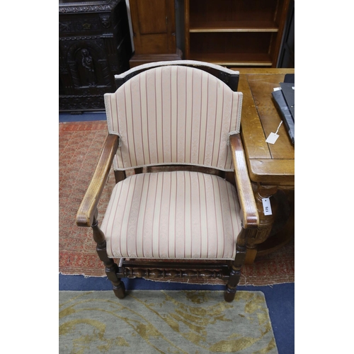 174 - A set of eight 18th century style upholstered oak dining chairs, two with arms