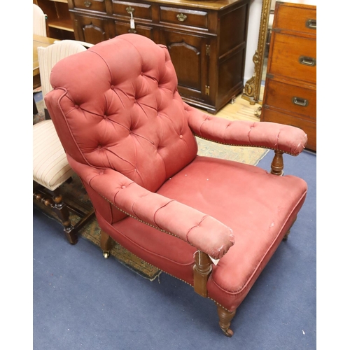 176 - A Victorian oak upholstered open armchair, width 74cm, depth 84cm, height 98cm