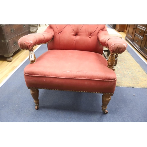 176 - A Victorian oak upholstered open armchair, width 74cm, depth 84cm, height 98cm