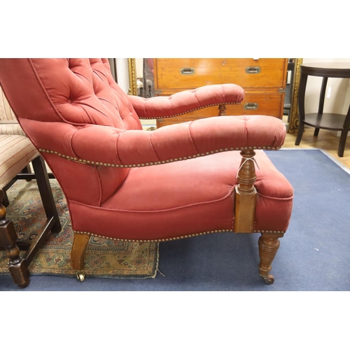 176 - A Victorian oak upholstered open armchair, width 74cm, depth 84cm, height 98cm