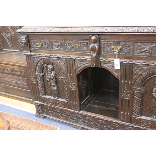 180 - A late 19th century Flemish carved oak sideboard with raised panelled back, width 150, depth 60, hei... 