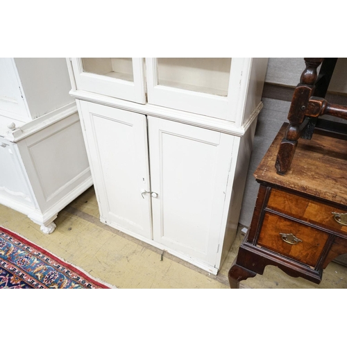 19 - A Victorian style painted pine narrow glazed kitchen cabinet, width 83cm, depth 29cm, height 242cm... 