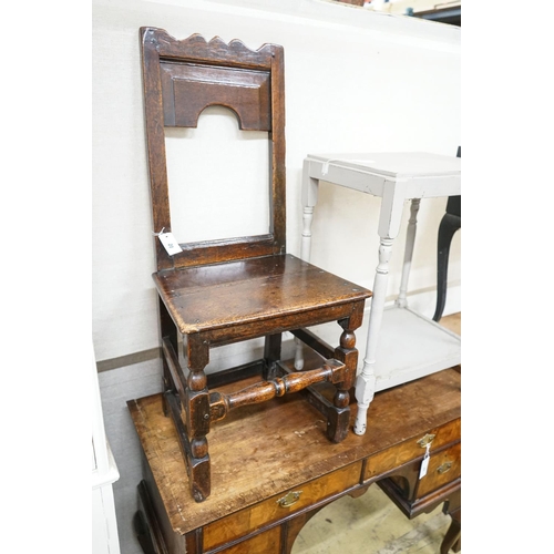 20 - A late 17th century oak back stool, length 46cm, depth 35cm, height 96cm