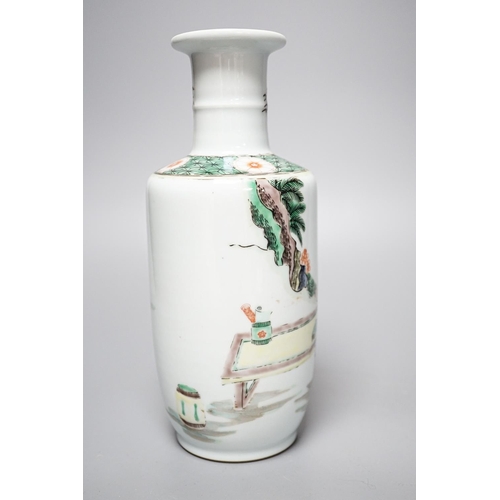 256 - A Chinese famille verte rouleau  vase, painted with figures in a garden, 22cm