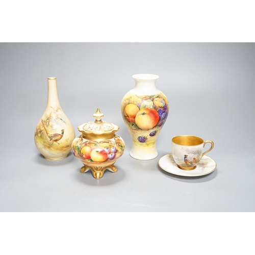 263 - A Royal Worcester fruit painted small pot pourri and cover, 10.9cm high and a similar vase, 15cm, a ... 