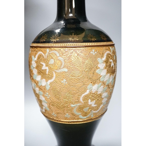 272 - A large Doulton Slater's Patent vase, 46cm and a pair of similar smaller vases, 34cm