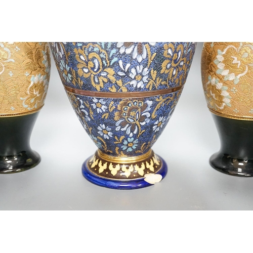 272 - A large Doulton Slater's Patent vase, 46cm and a pair of similar smaller vases, 34cm