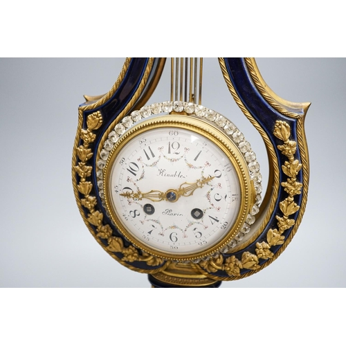 276 - A Louis XV style ormolu mounted blue glazed porcelain lyre-shaped mantel clock (AF) 49cm, paste set ... 